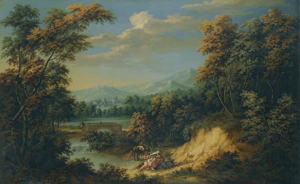 An Extensive Wooded River Landscape With Figures Resting In The Foreground Trave
