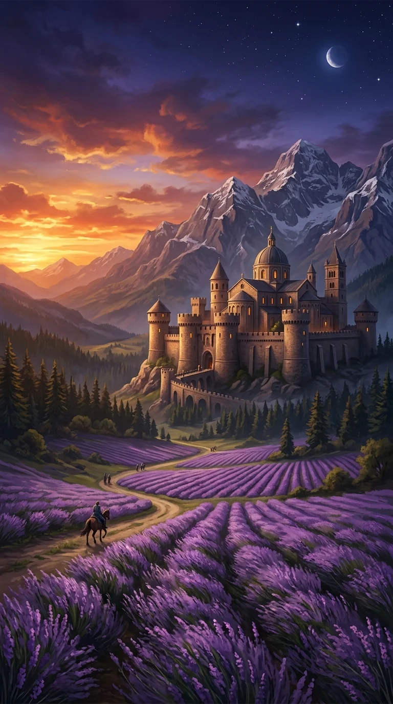 Majestic Mountain Castle Overlooking Lavender Fields - Free 4K mobile Wallpaper