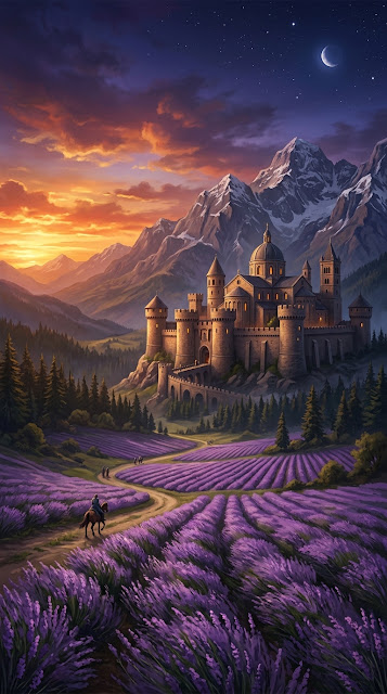 Majestic Mountain Castle Overlooking Lavender Fields - Free mobile Wallpaper