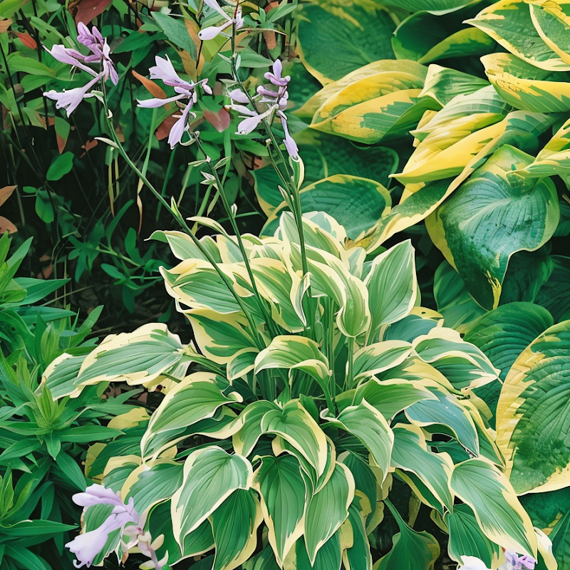 Hosta Pilgrim con fogliame bicolore verde e crema in un giardino ombreggiato