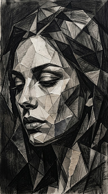 Abstract Cubist Monochrome Portrait of a Woman Face - Free mobile Wallpaper