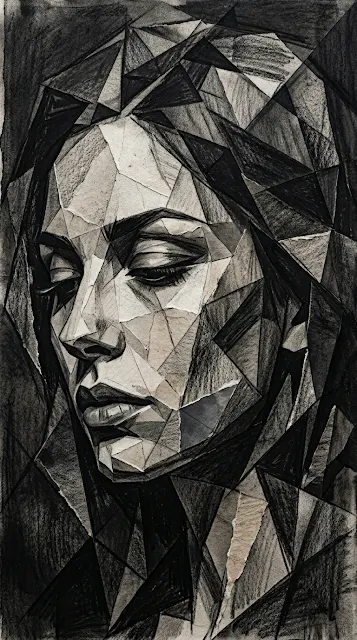 Abstract Cubist Monochrome Portrait of a Woman Face