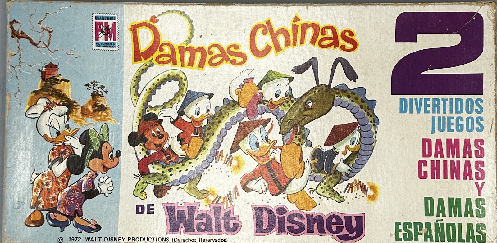 Box for the 1972 Fotorama de México Disney game '2 Divertidos Juegos: Damas Chinas y Damas Españolas,' with Mickey, Minnie, Daisy and the nephews in a stylized Chinese-themed scene with a dragon and pagoda.
