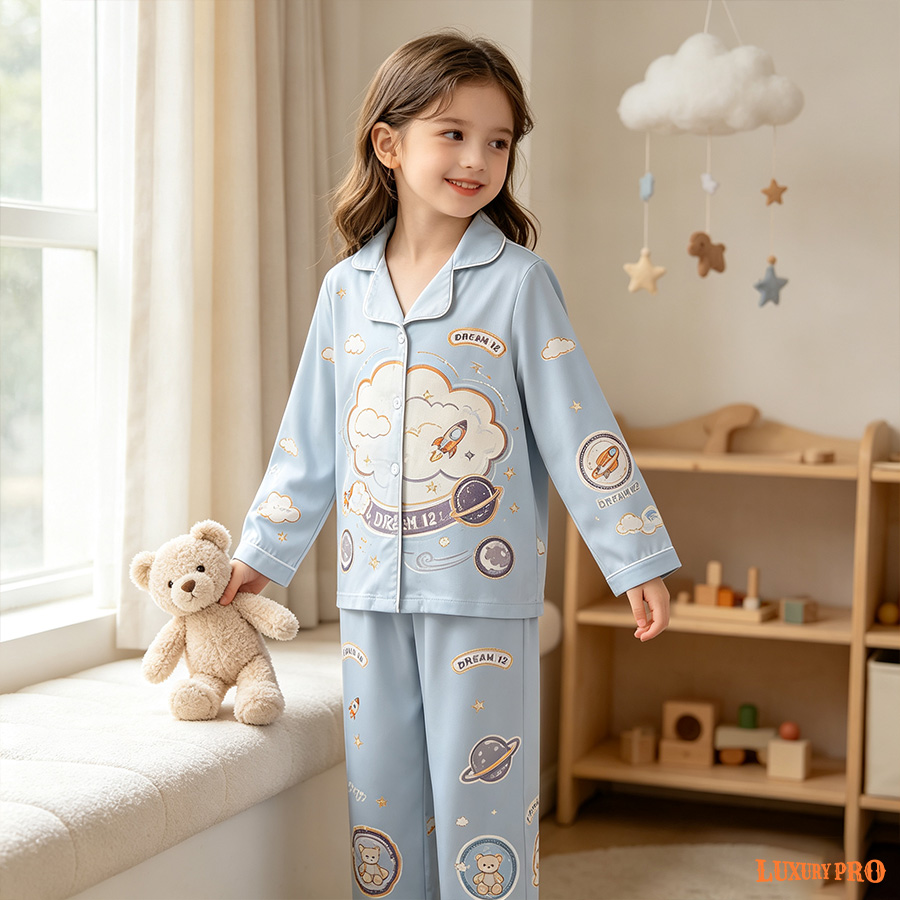 AOP Long Milk Silk Pajama Set With Pockets For Kids