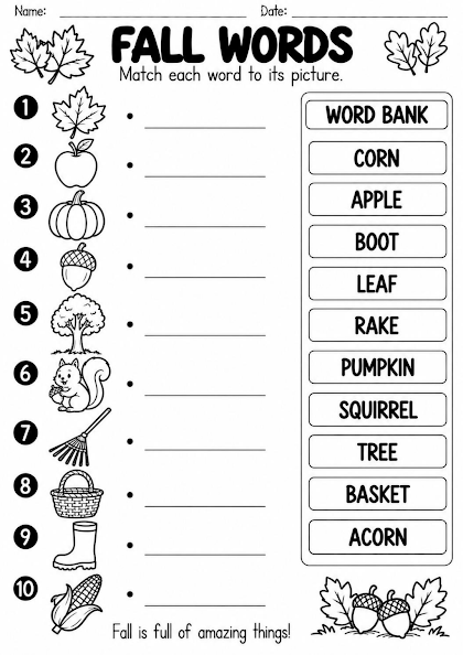 Fall Vocabulary Match Worksheet