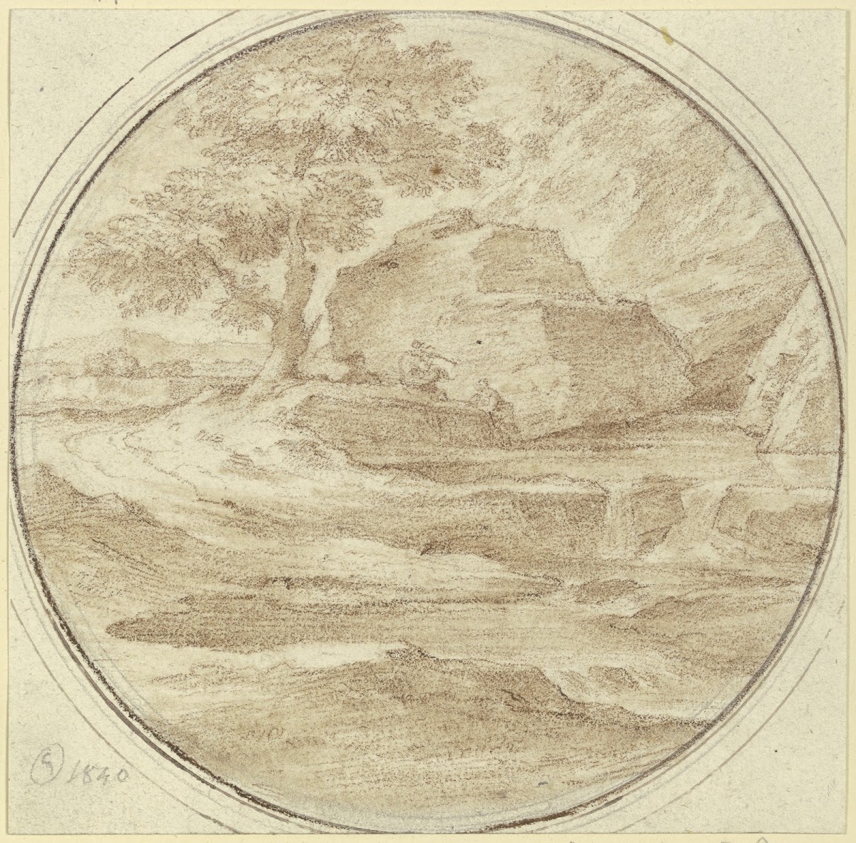 Baum mit einem Felsen unter welchem ein Hirte sitzt 1840