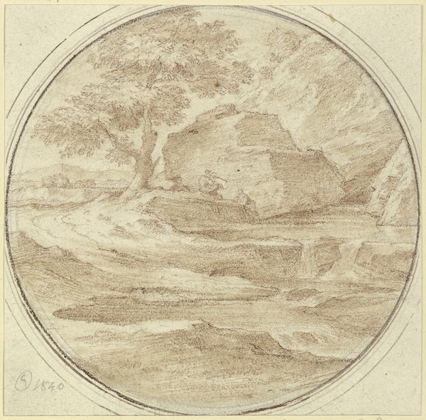 Baum mit einem Felsen unter welchem ein Hirte sitzt 1840