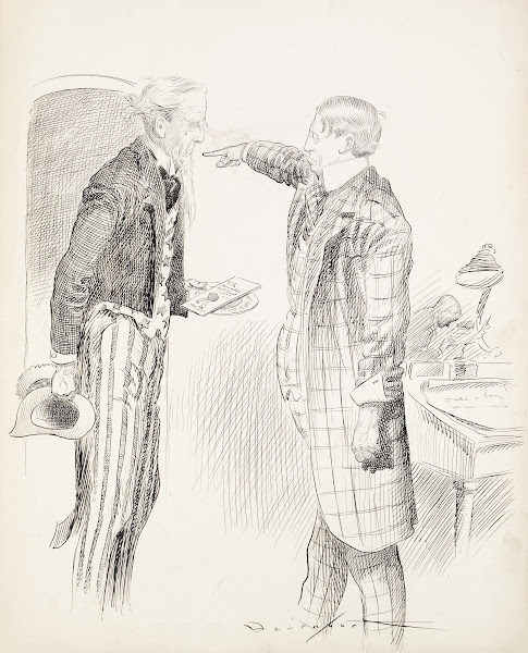 Uncle Sam with torn clothes and tears in his eyes tries to offer an invitation t