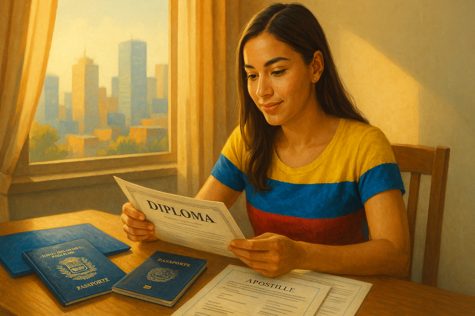 Venezolana revisando documentos para homologación de título universitario venezolano en el exterior