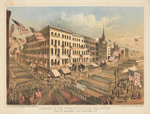Departure of the 7th Regt NYSM Friday April 19thd 1861 View of Broadway Cor Cour
