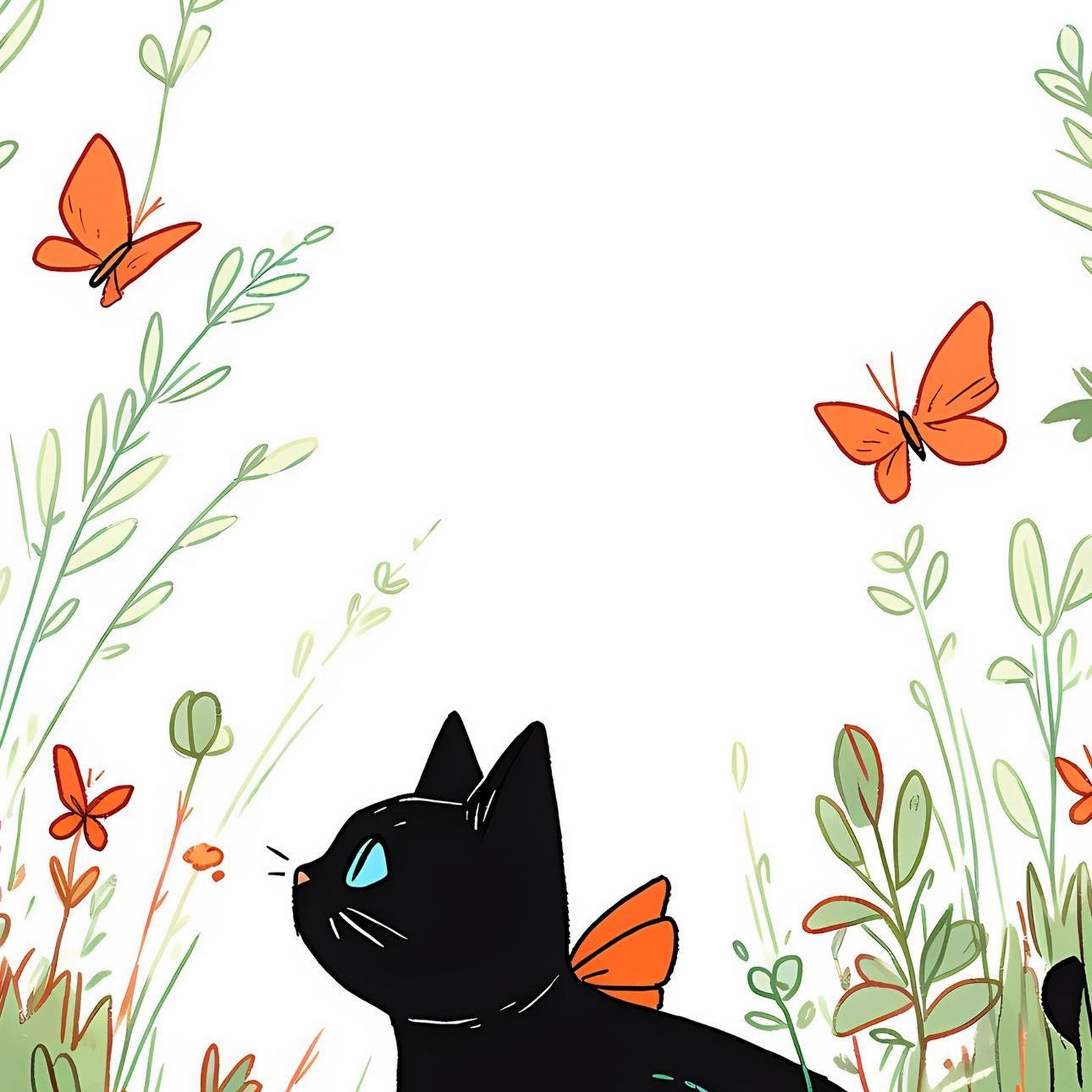 Download Cat Illustration, Black Cat, Butterflies, Nature Art Full HD iPhone