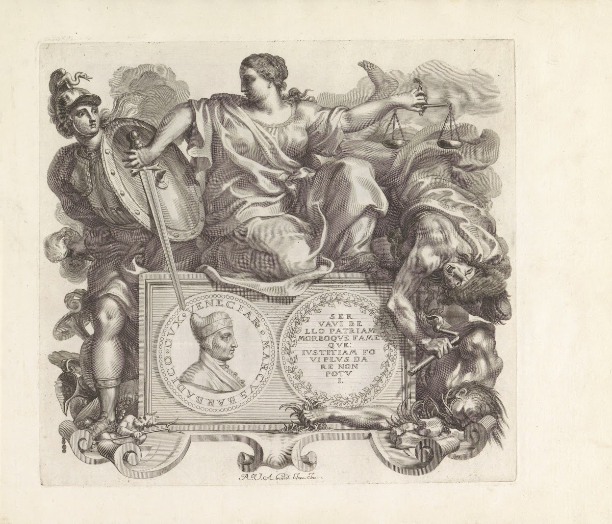 Portret van Marco Barbarigo en de personificaties van Waakzaamheid en Gerechtigh