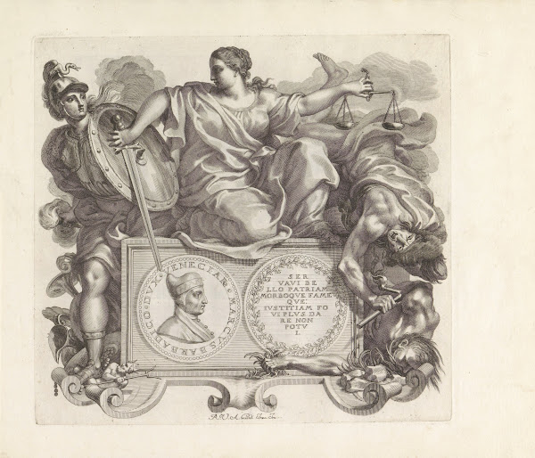 Portret van Marco Barbarigo en de personificaties van Waakzaamheid en Gerechtigh