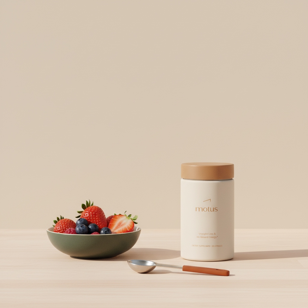 Minimalist kitchen still life with Tonum Motus supplement jar beside fresh berries and a measuring spoon on a clean counter, natural light — what over the counter works like Ozempic