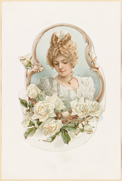 Womans portrait enframed with white roses 18611897