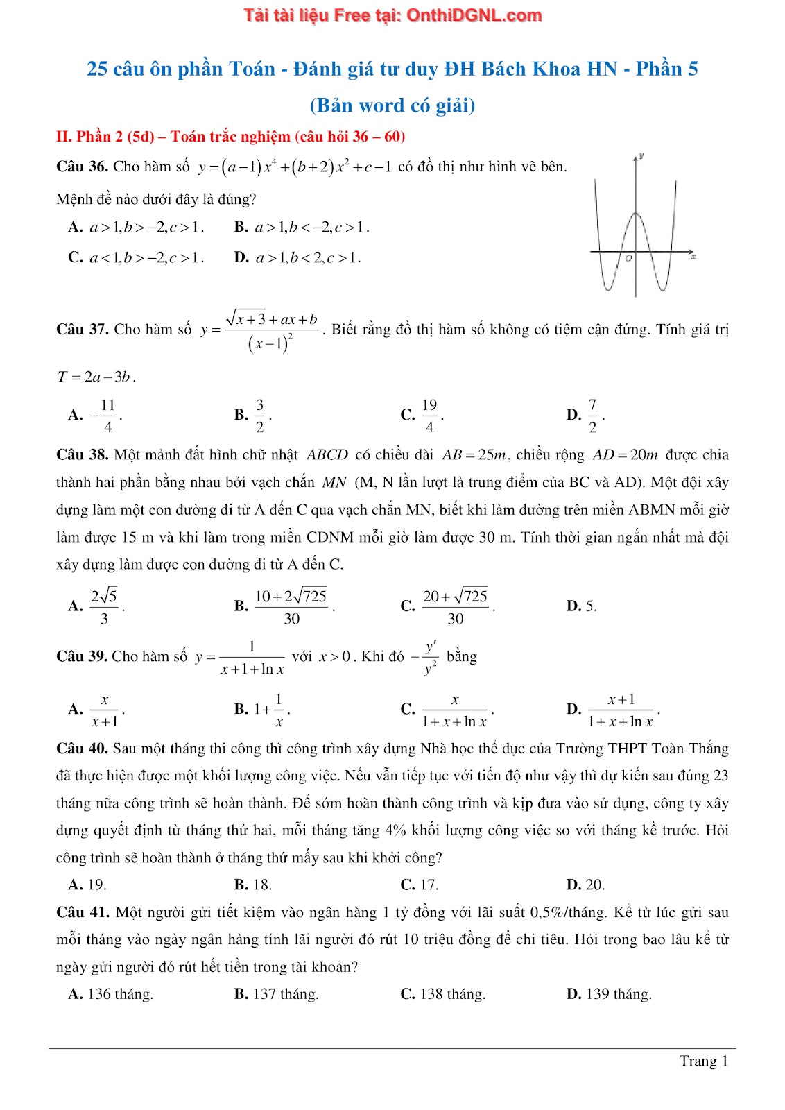 475 bài tập môn Toán - Ôn thi ĐGTD ĐH Bách Khoa Hà Nội Phần 5