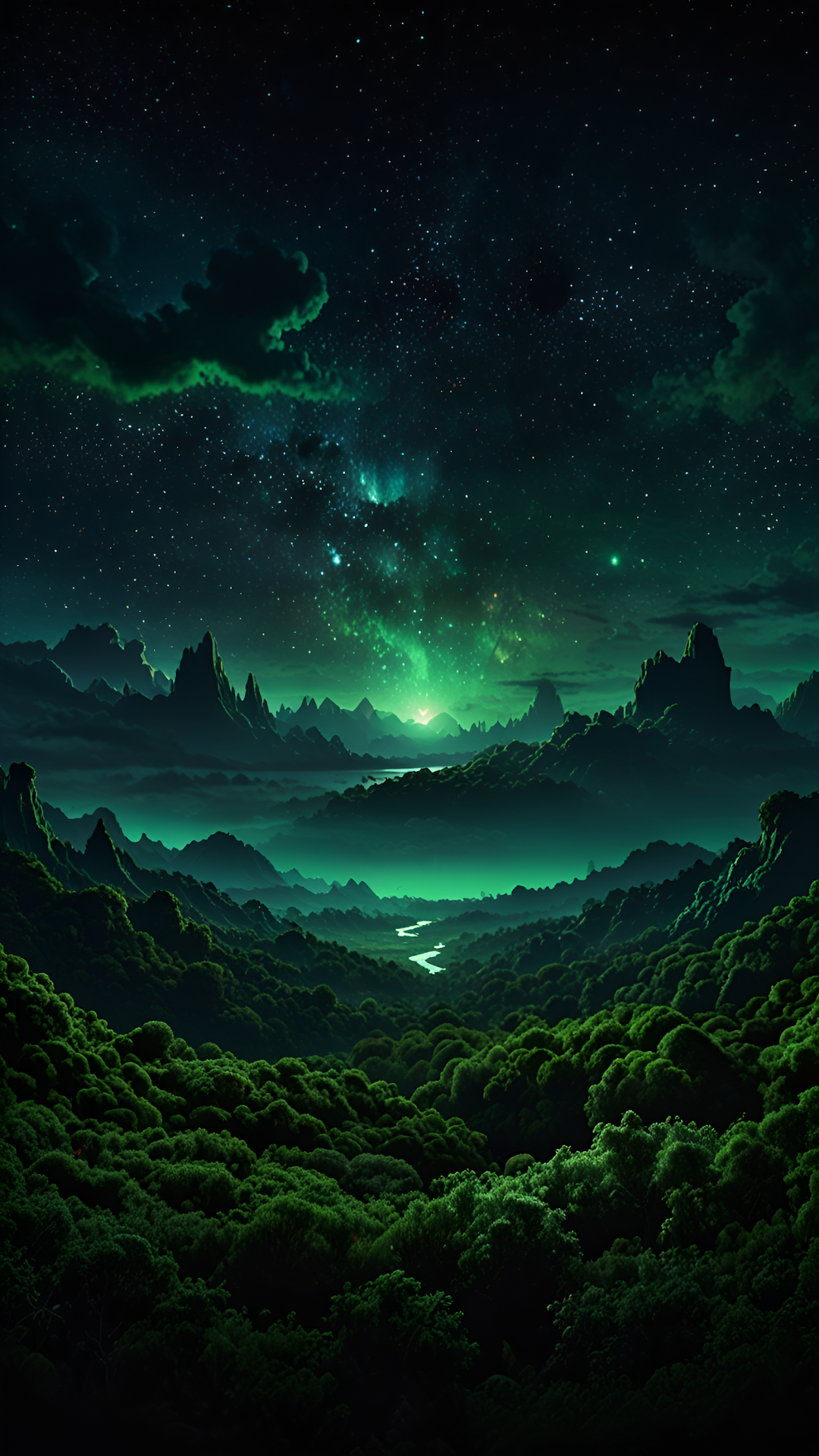Mystical Green Nebula Night Forest Valley Landscape Art - Free 4K mobile Wallpaper
