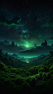 Mystical Green Nebula Night Forest Valley Landscape Art