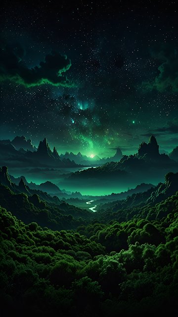 Mystical Green Nebula Night Forest Valley Landscape Art - Free mobile Wallpaper
