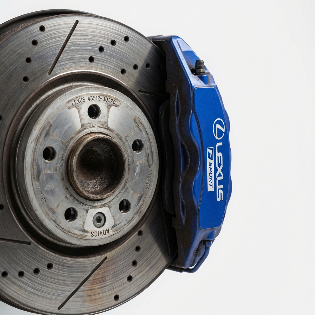 Close up of Lexus IS350 F Sport brake rotor and blue sport caliper showing wear and part details lexus is350 f sport for sale on white background CarFax Deals aesthetic