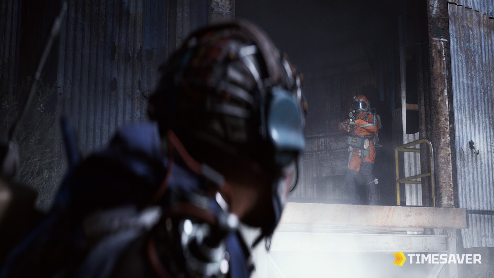 Two raiders face off inside a corrugated-metal industrial warehouse in ARC Raiders — the kind of high-traffic zone where Rusted Gears spawn