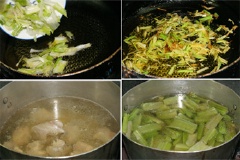 Phi thơm dầu, cho sườn non vào xào sơ với 1 muỗng cà phê muối, 1 muỗng cà phê hạt nêm, 1/2 muỗng cà phê đường. Sau đó cho nước vào đun chín mềm. Tiếp đến cho thân atiso vào nấu chín.