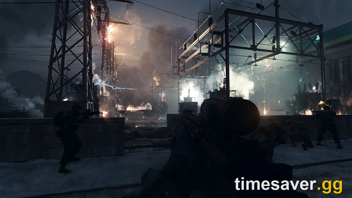 Modern Warfare 4 beta combat — nighttime firefight at a power substation, playable across Multiplayer and the Entrenched campaign mission