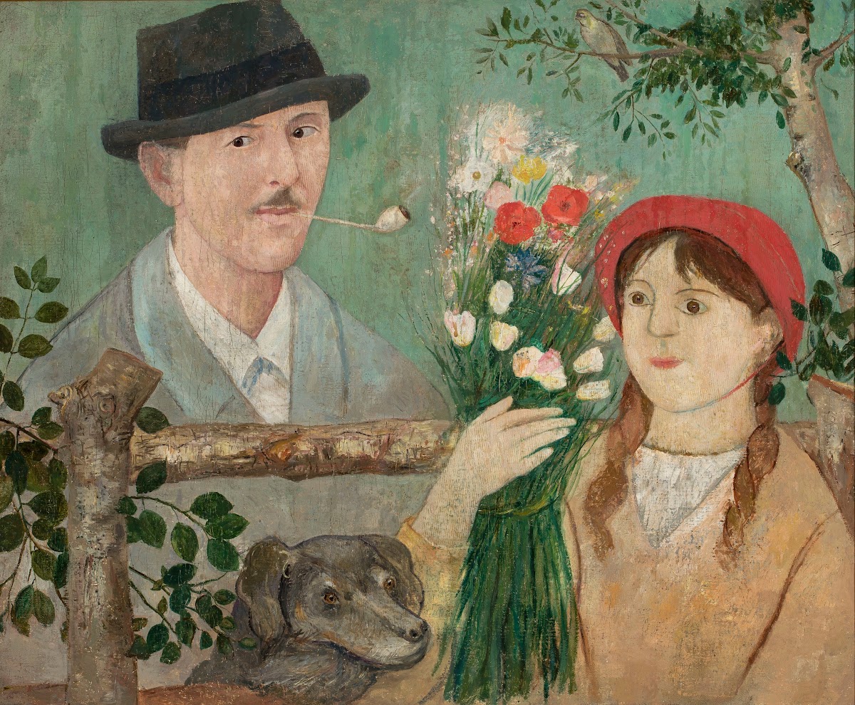 Idyll beside a fence Self portrait girl with flowers and dog 1920