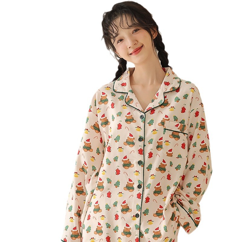 Women's cotton pajama set, long-sleeved, with lapel collar