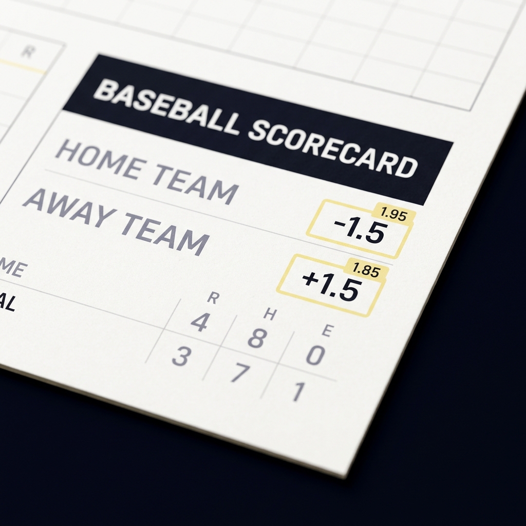 Close up baseball scorecard showing highlighted minus 1.5 and plus 1.5 runline calculator indicators beside team names with overlaid odds numbers in a minimalist Funded Plays style on dark background