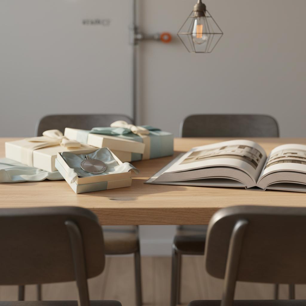 Intime Nahaufnahme eines Esstisches mit Geschenkboxen, graviertem Metall-Anhänger auf Seidenpapier und offenem Fotobuch – geschenkideen zum 70. Geburtstag