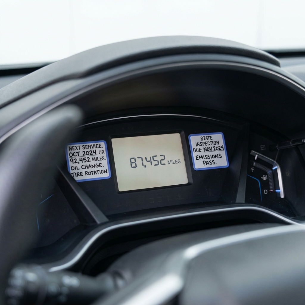 honda crv used for sale close up of 2018 Honda CRV odometer and service stickers showing clear readable mileage and maintenance notes on a clean white background