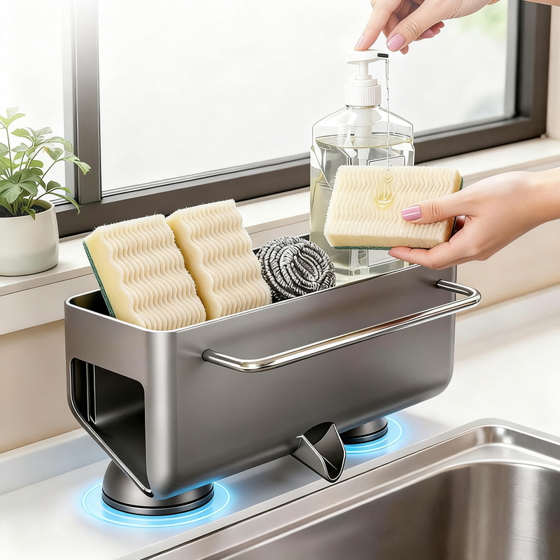 Kitchen shelf with draining rack, aluminum, suction cup