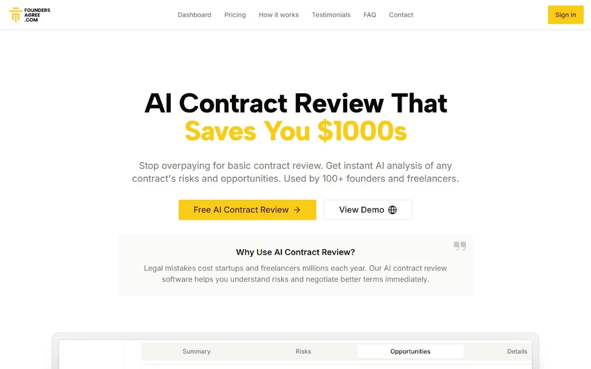 Captura de FoundersAgree - AI Contract Review
