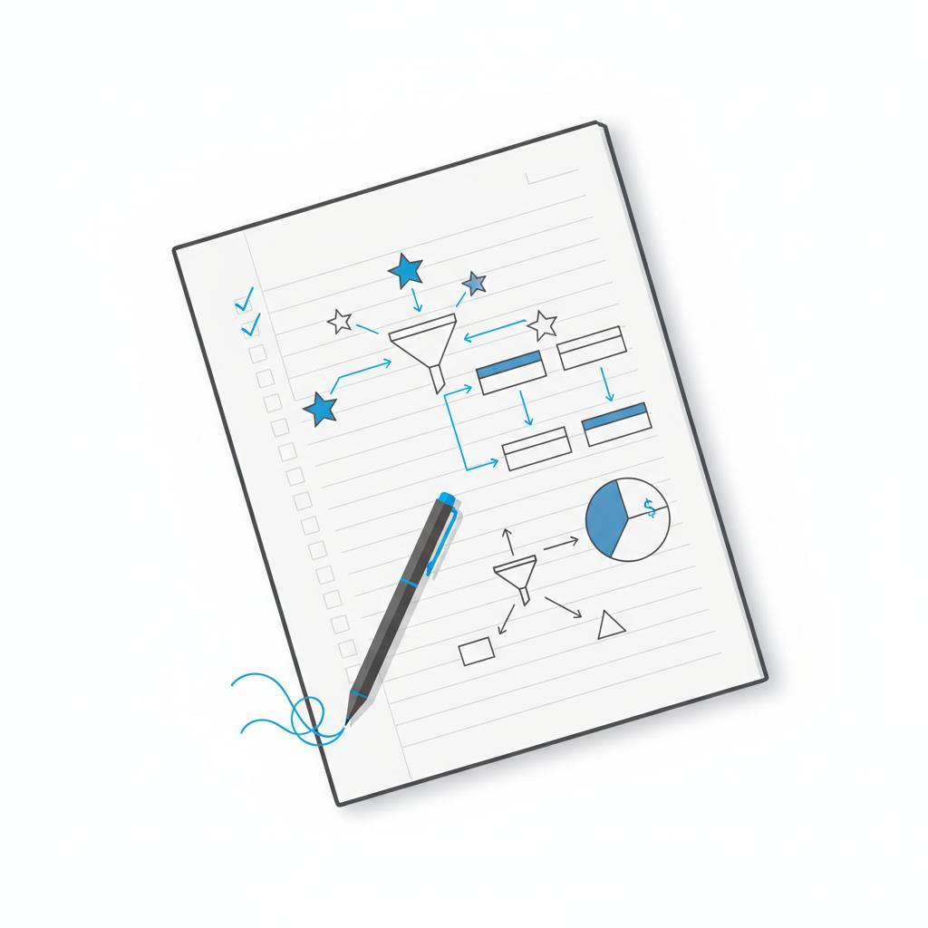 Minimal vector notebook sketch of a review program checklist and star-based workflow with a blue-accent pen, concept image for pay for Google reviews