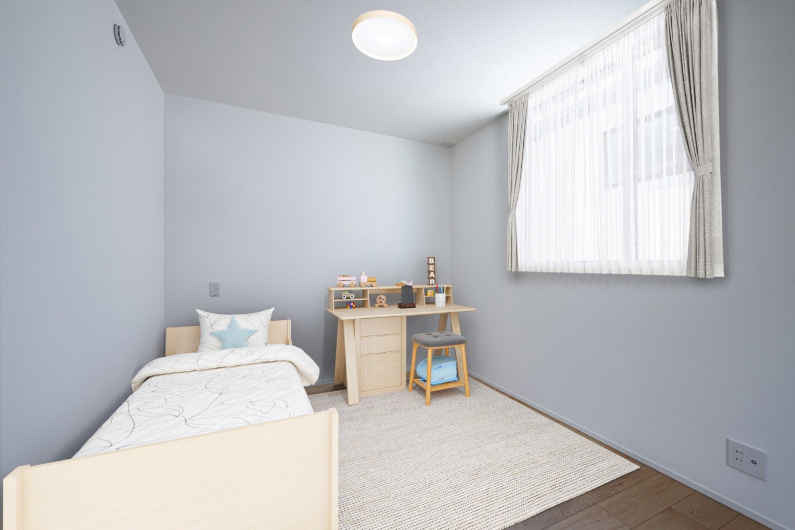 日中の照明の様子、STEP01：ナチュラ、STEP2：居室、STEP3：壁付けデスク②