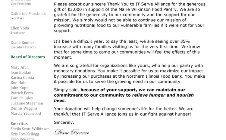ITServe Alliance Chicago Chapter Received a Thank You letter From Executive Director of Marie Wilkinson Food Pantry