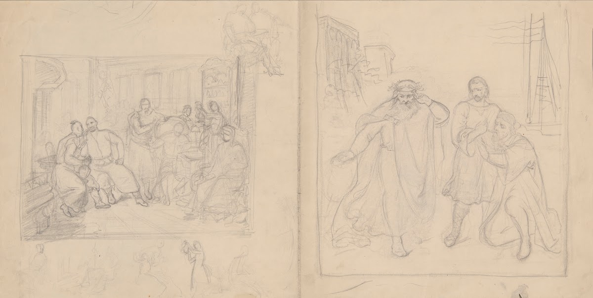Sketches of figural compositions  the scene inside a manor house and the scene w