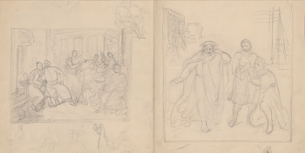Sketches of figural compositions  the scene inside a manor house and the scene w
