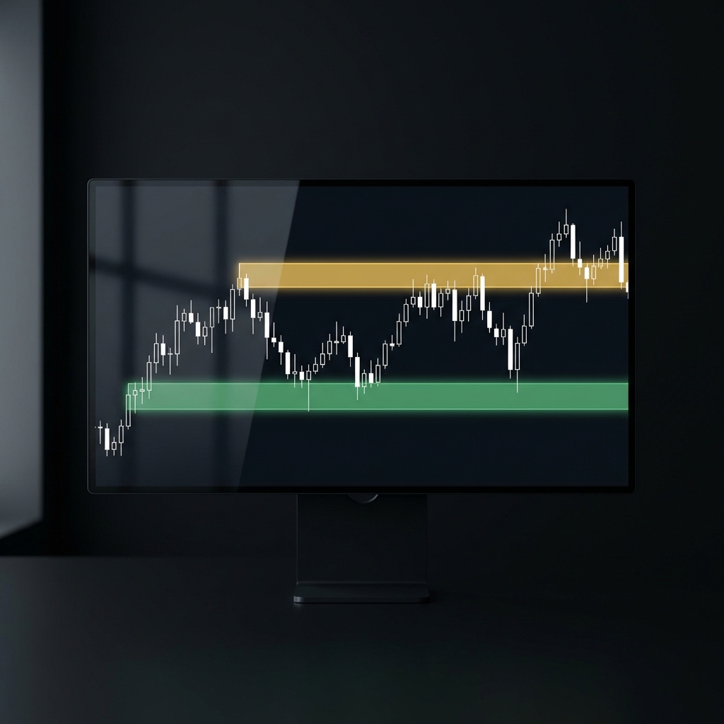 Close up monitor showing candlestick chart with highlighted support and resistance zones in Finance Police colors to make $1000 a day trading on dark background