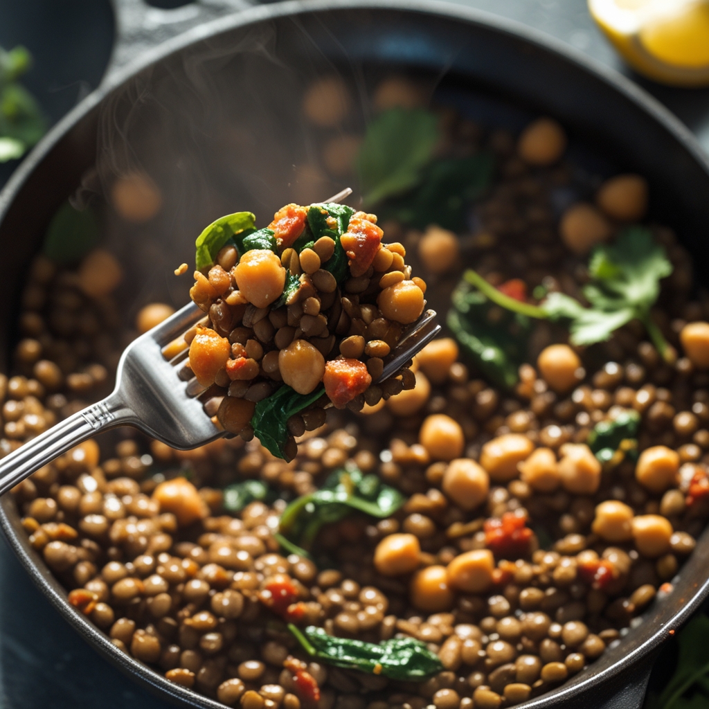 Final Moroccan Spiced Lentil Chickpea Power Skillet with Lemon Yogurt Drizzle