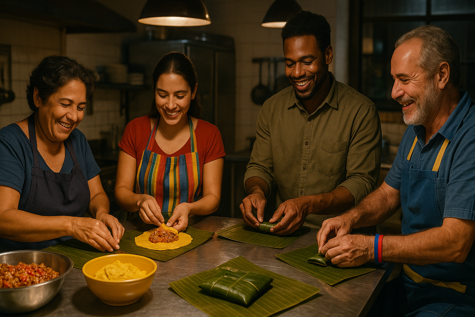 Manos venezolanas preparando hallacas en una cocina comunitaria