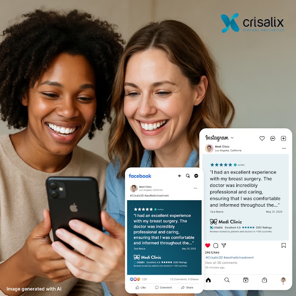 Deux patients lisant les évaluations Crisalix et les avis de médecins sur un smartphone. 1080px x 1080px.