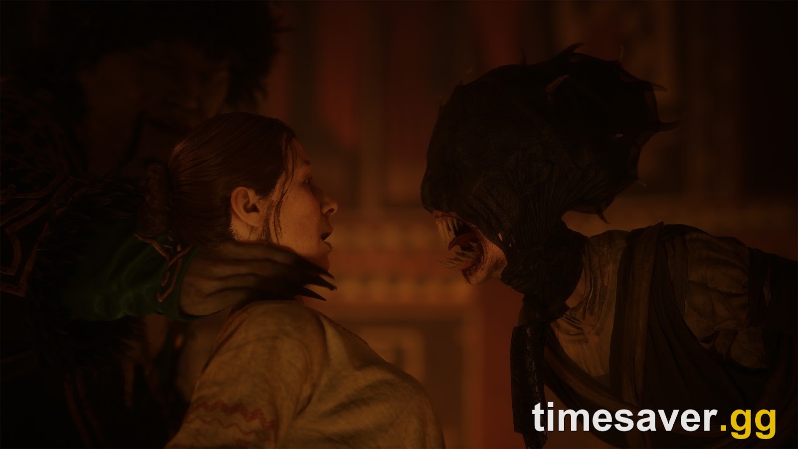 A fanged vampire lunges at a terrified villager in a firelit interior in The Blood of Dawnwalker