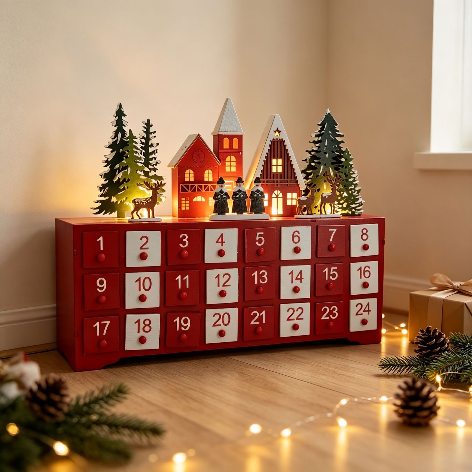 Wood Advent Calendar, Village Design, 24 Compartments