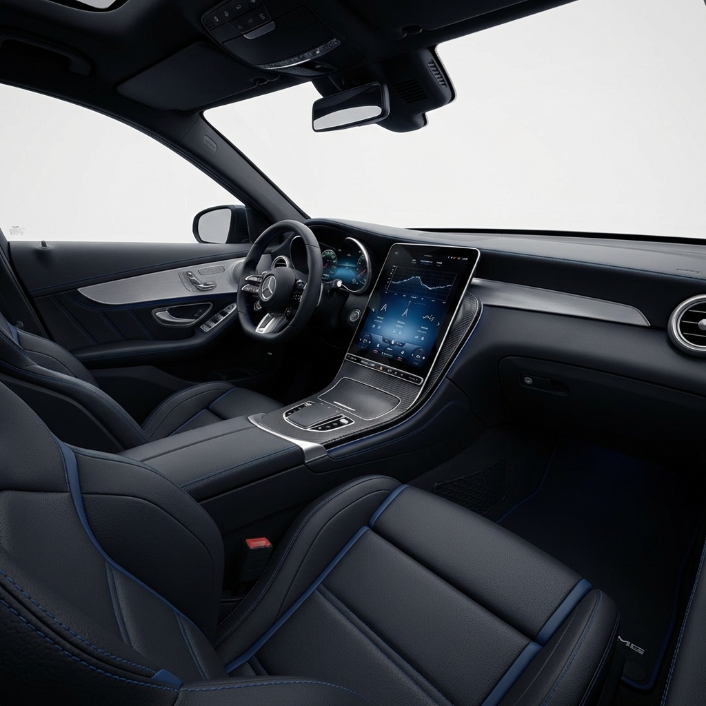 Interior close up of c63 amg for sale showing AMG sport seats unique trim materials and a visible telemetry display on a clean white background with blue accents