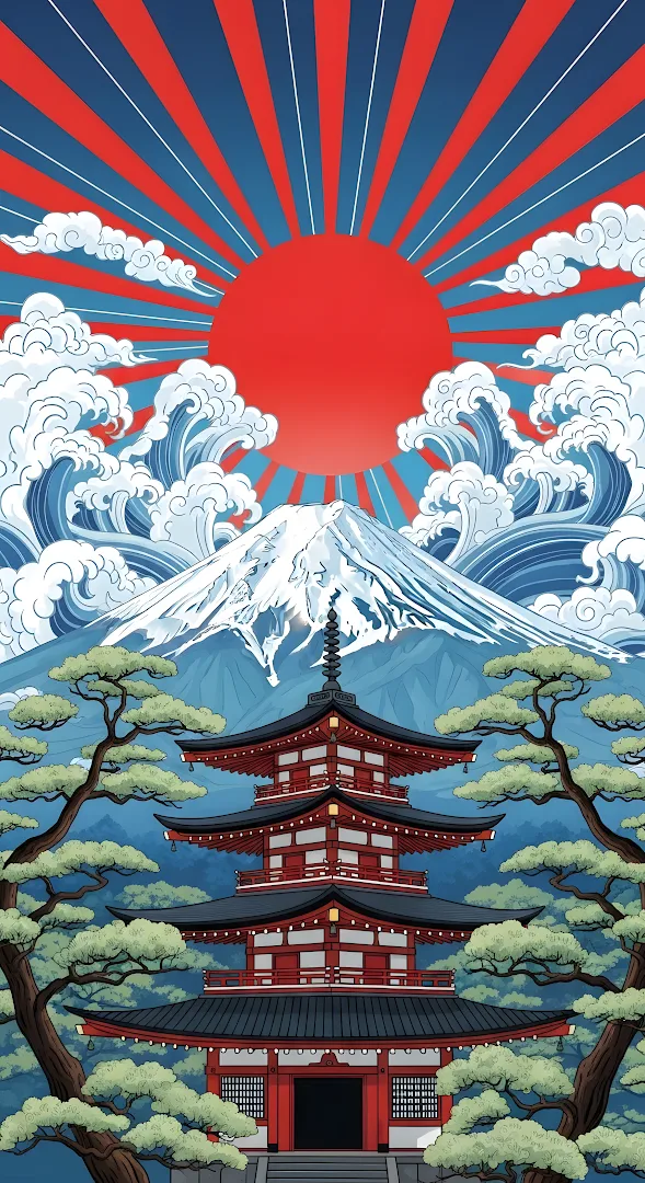 Traditional Japanese Pagoda Mount Fuji Ukiyo-e Style Art