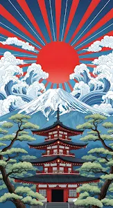 Traditional Japanese Pagoda Mount Fuji Ukiyo-e Style Art