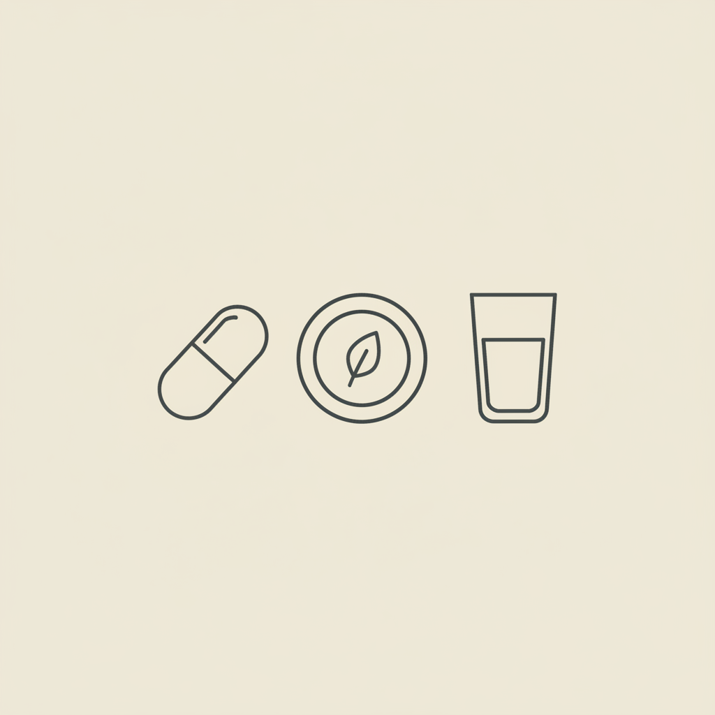 Minimal Tonum-style line illustration of a capsule, plate with a leaf, and water glass on beige background representing metabolic health.