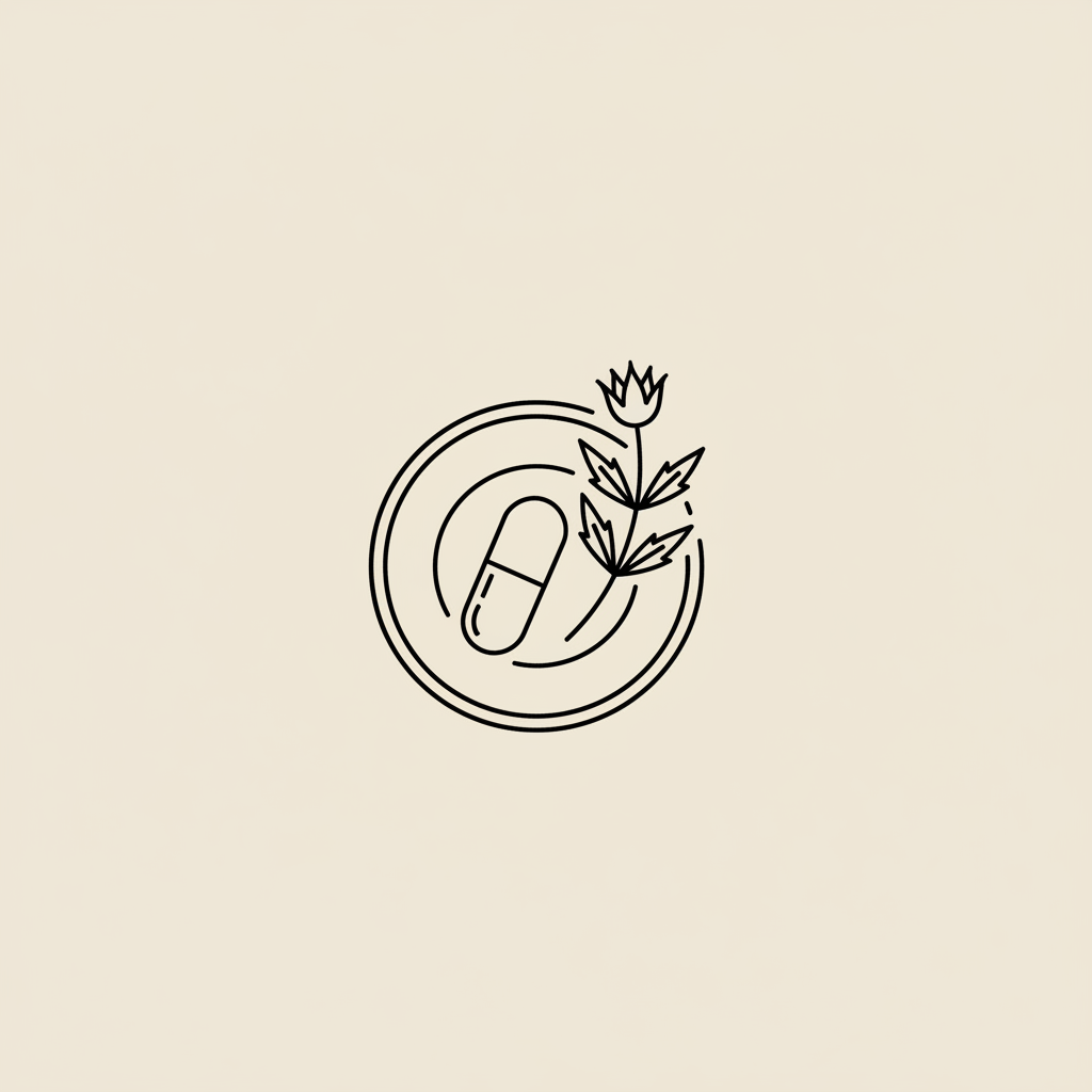 Minimal Tonum-style line illustration of a capsule, plate, and milk thistle sprig on beige background, conceptual image for CLA contraindications